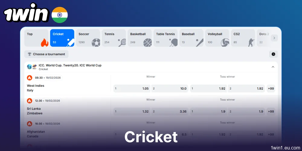 Cricket betting options available on 1win for Indian bettors