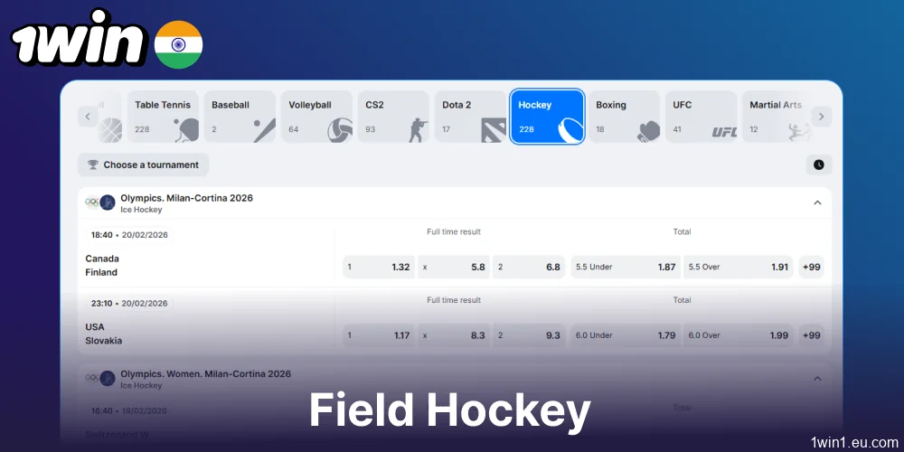 Field Hockey betting options available on 1win for Indian bettors