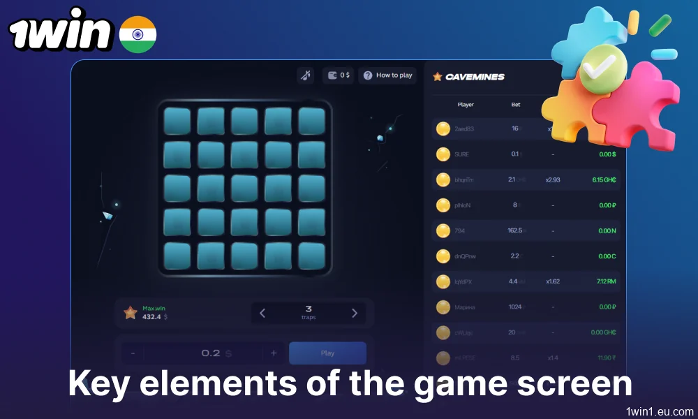 Information about the main elements of the Mines agame on 1win