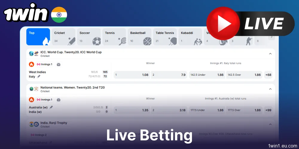 Live betting options available on 1win for Indian gamblers