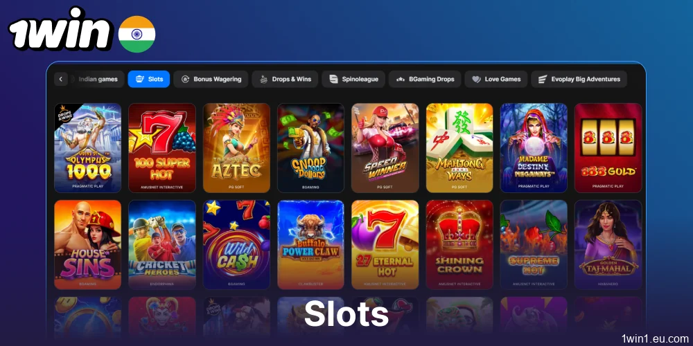 Sllot games available on 1win for Indian players