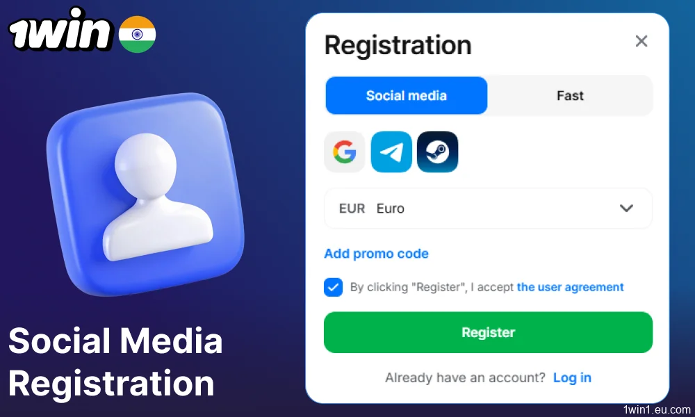 1win registration via social media for players from India