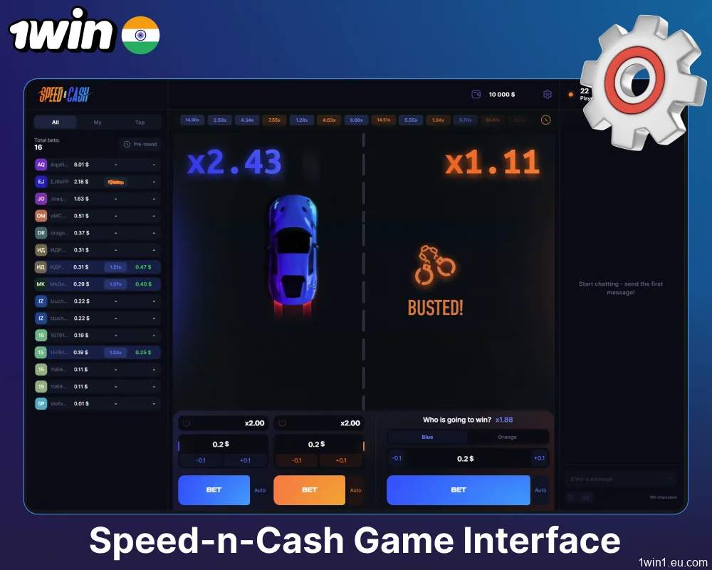 The main features of Speed-n-Cash game interface on 1win India