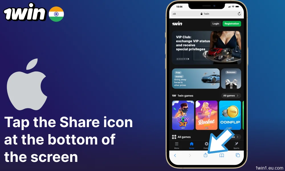 Tap the Share icon at the bottom of the screen on the 1win website