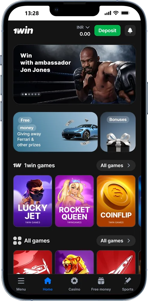 1win mobile app main page