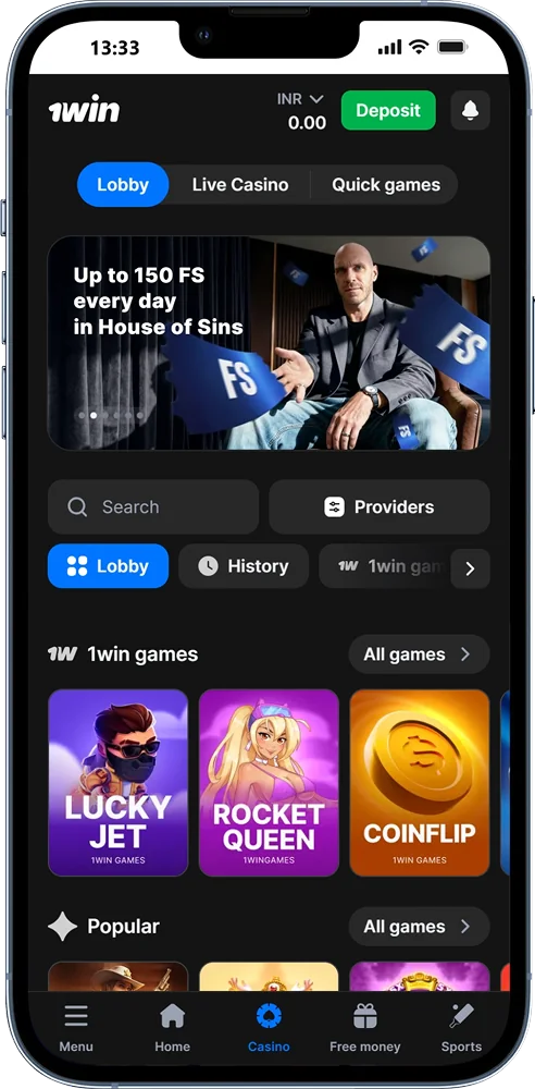 Casino games available on 1win mobile app