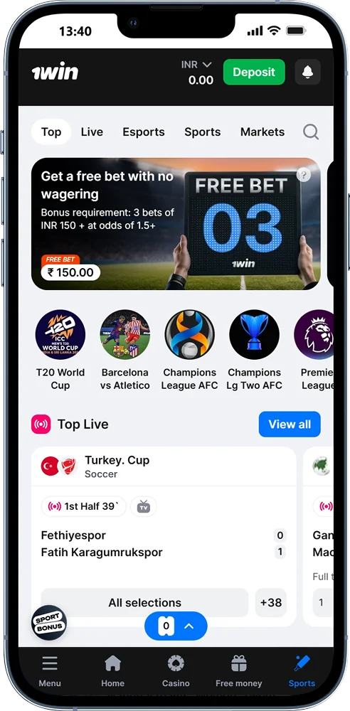 Sports betting options on 1win mobile app